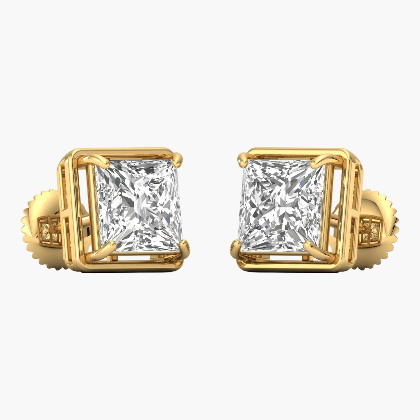 Gold earrings with square-cut gemstones on a white background