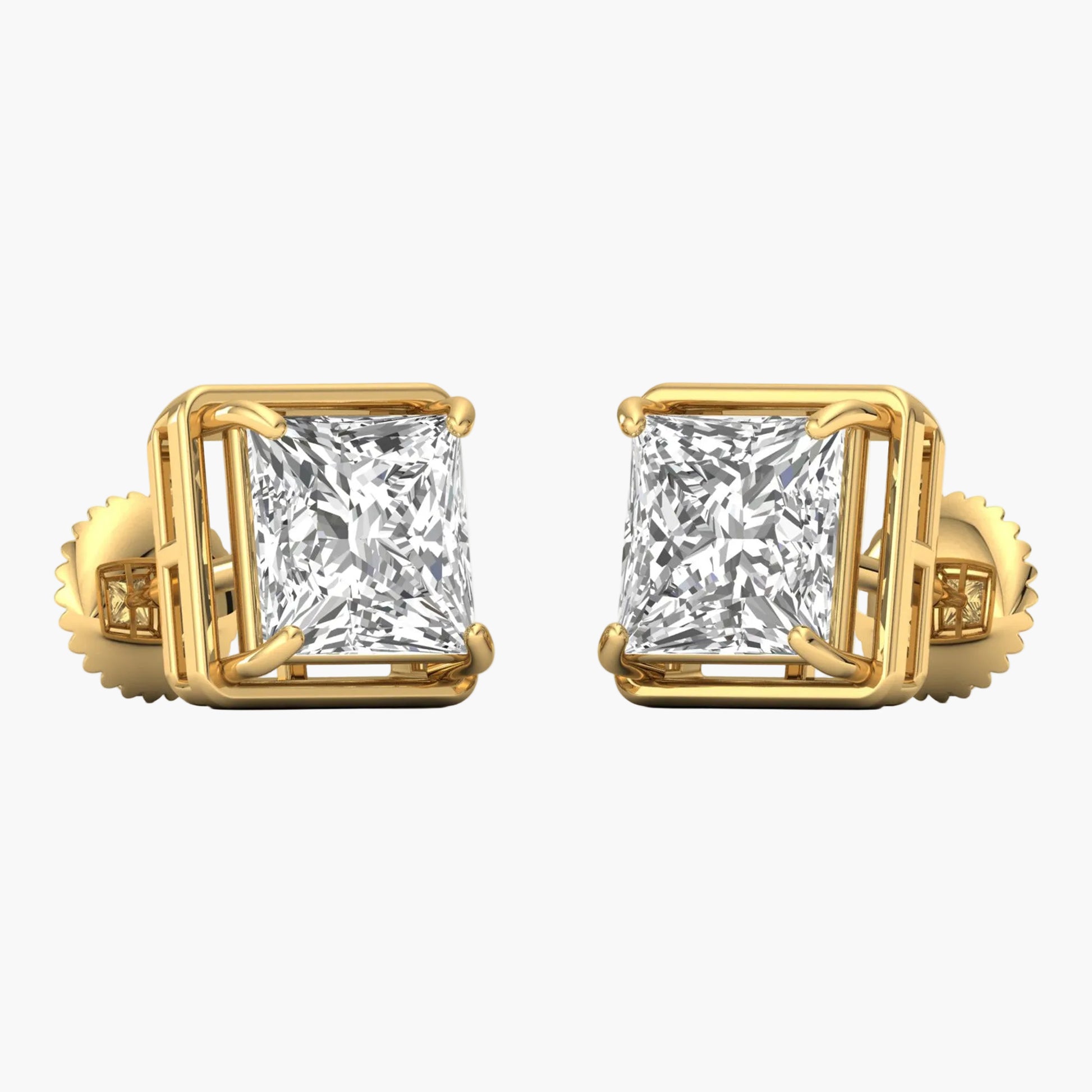 Gold earrings with square-cut gemstones on a white background