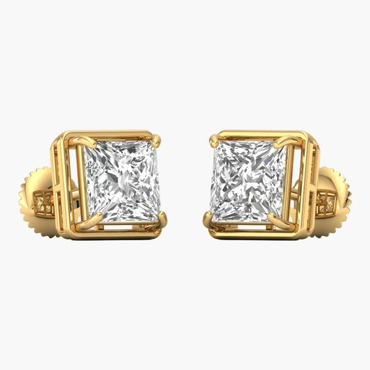 Gold earrings with square-cut gemstones on a white background