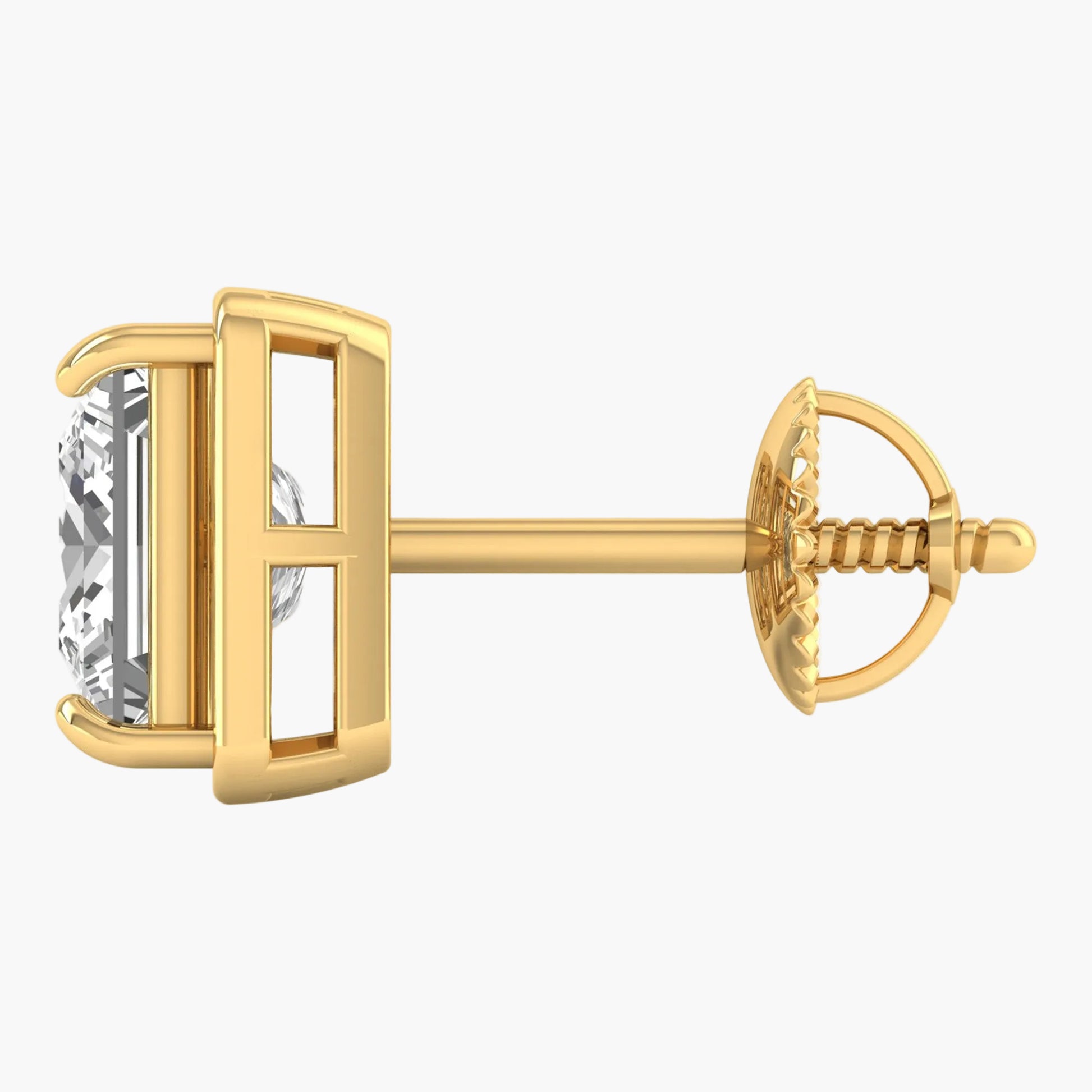 Gold earring with a clear gemstone on a white background
