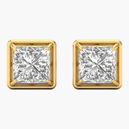 Pair of gold square-cut diamond earrings on a white background
