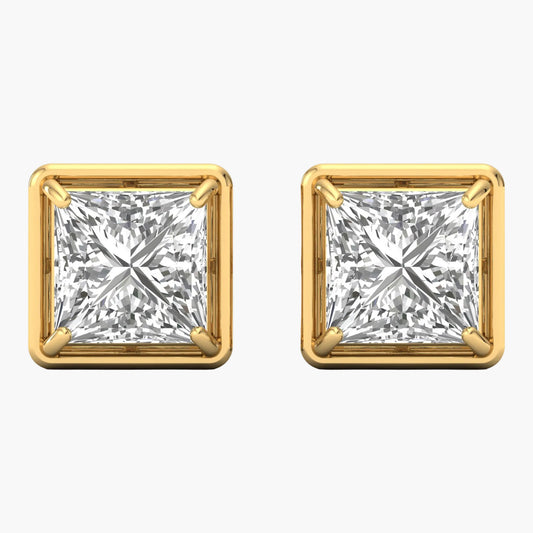 Pair of gold square-cut diamond earrings on a white background