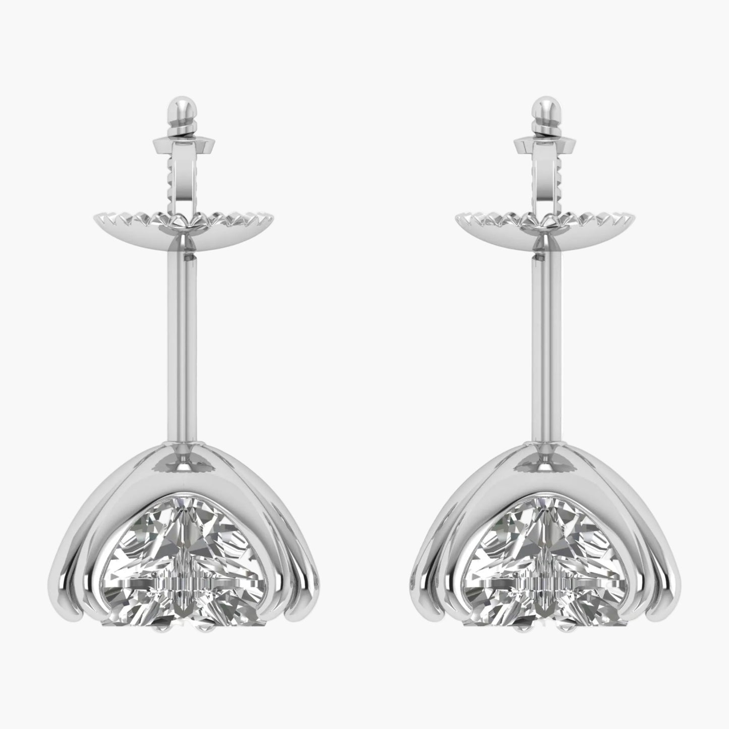 Pair of silver earrings with clear gemstones on a white background