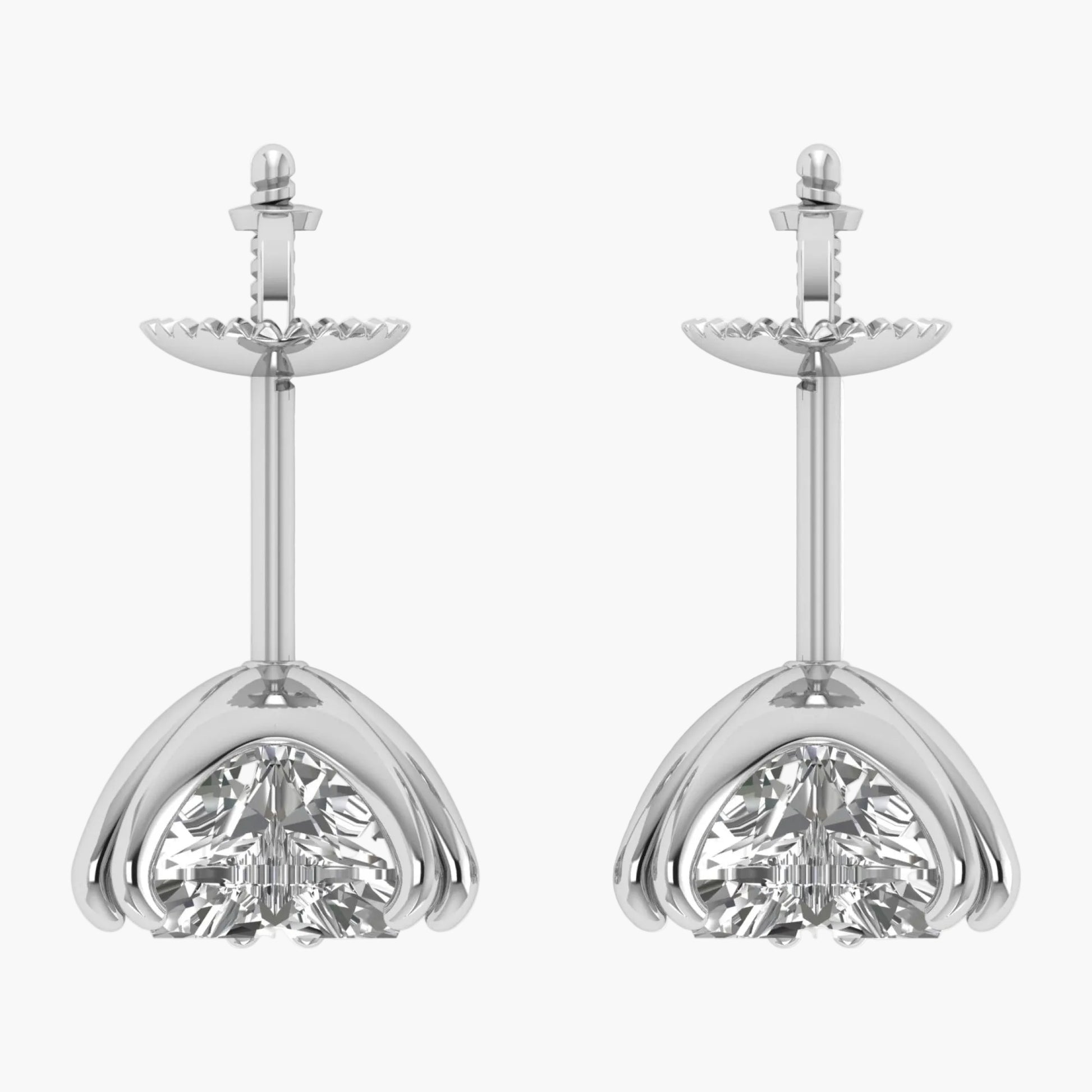 Pair of silver earrings with clear gemstones on a white background