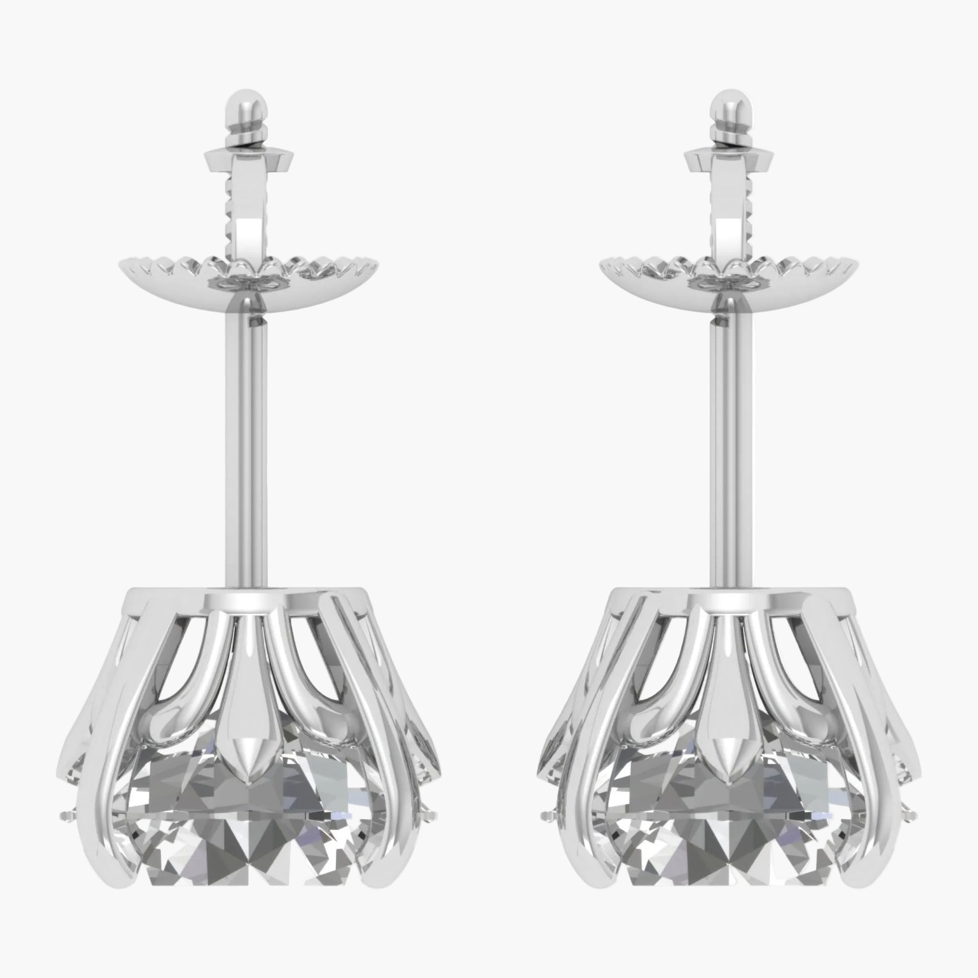 Pair of silver earrings with clear gemstones on a white background