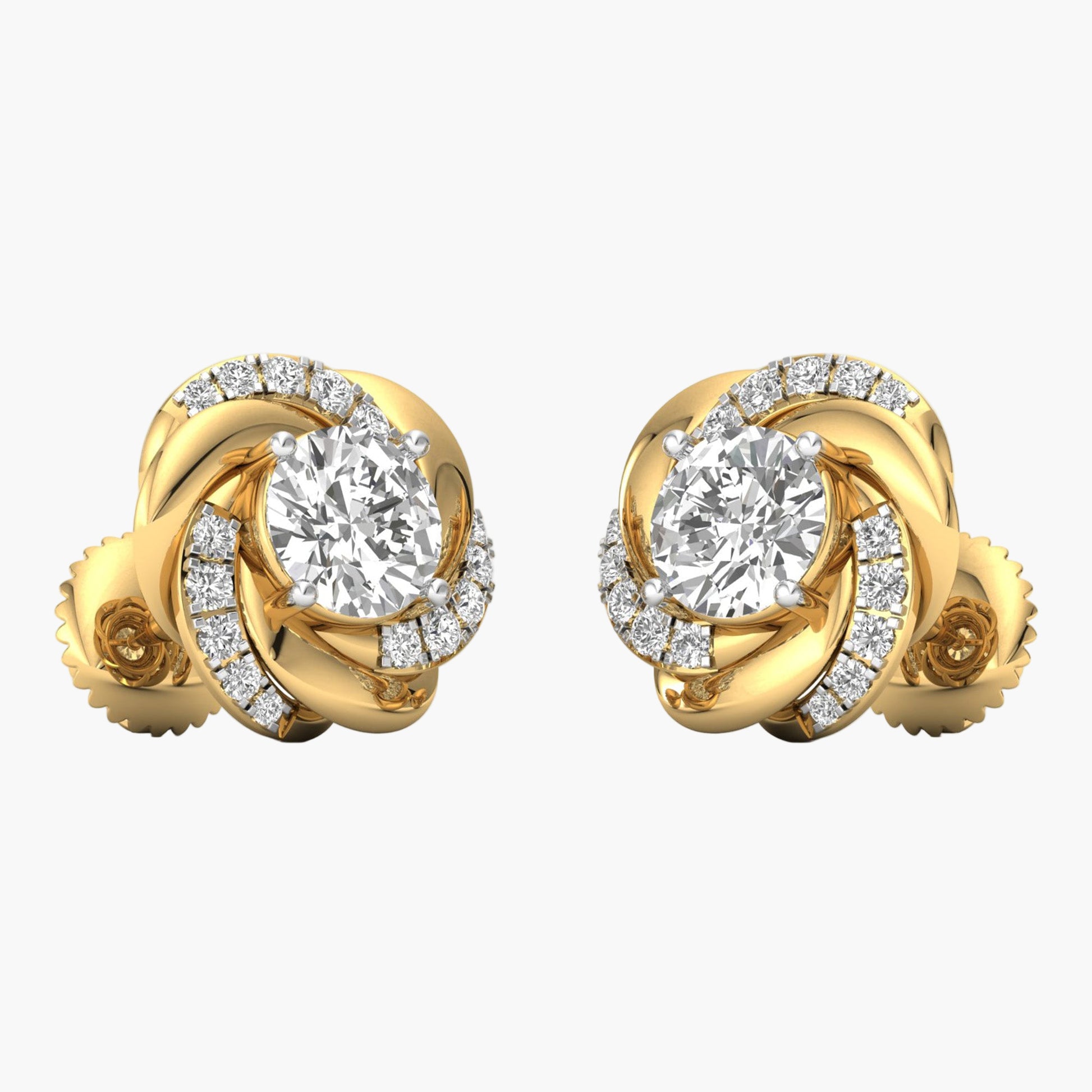 Gold earrings with diamond accents on a white background