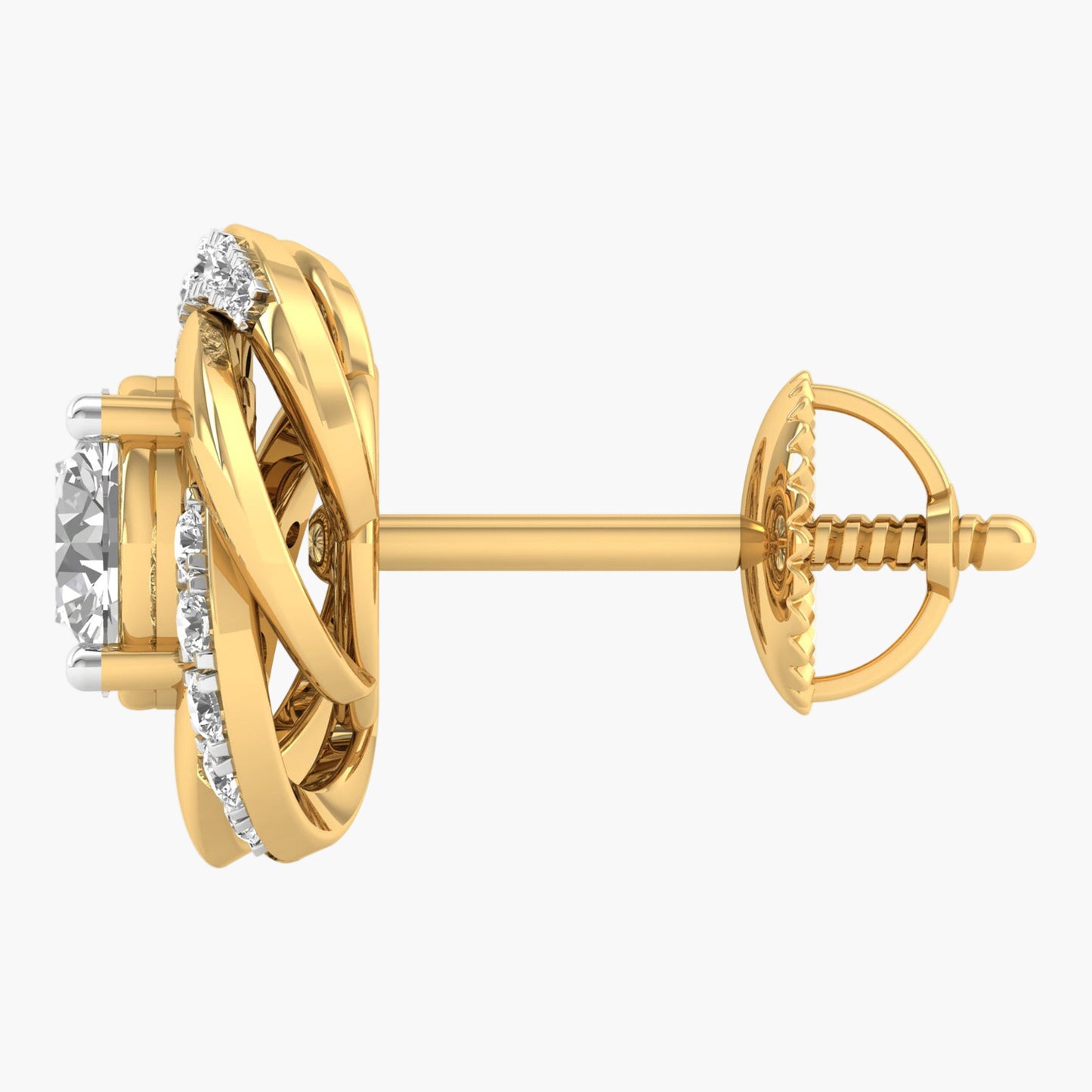 Gold earrings with diamond accents on a white background