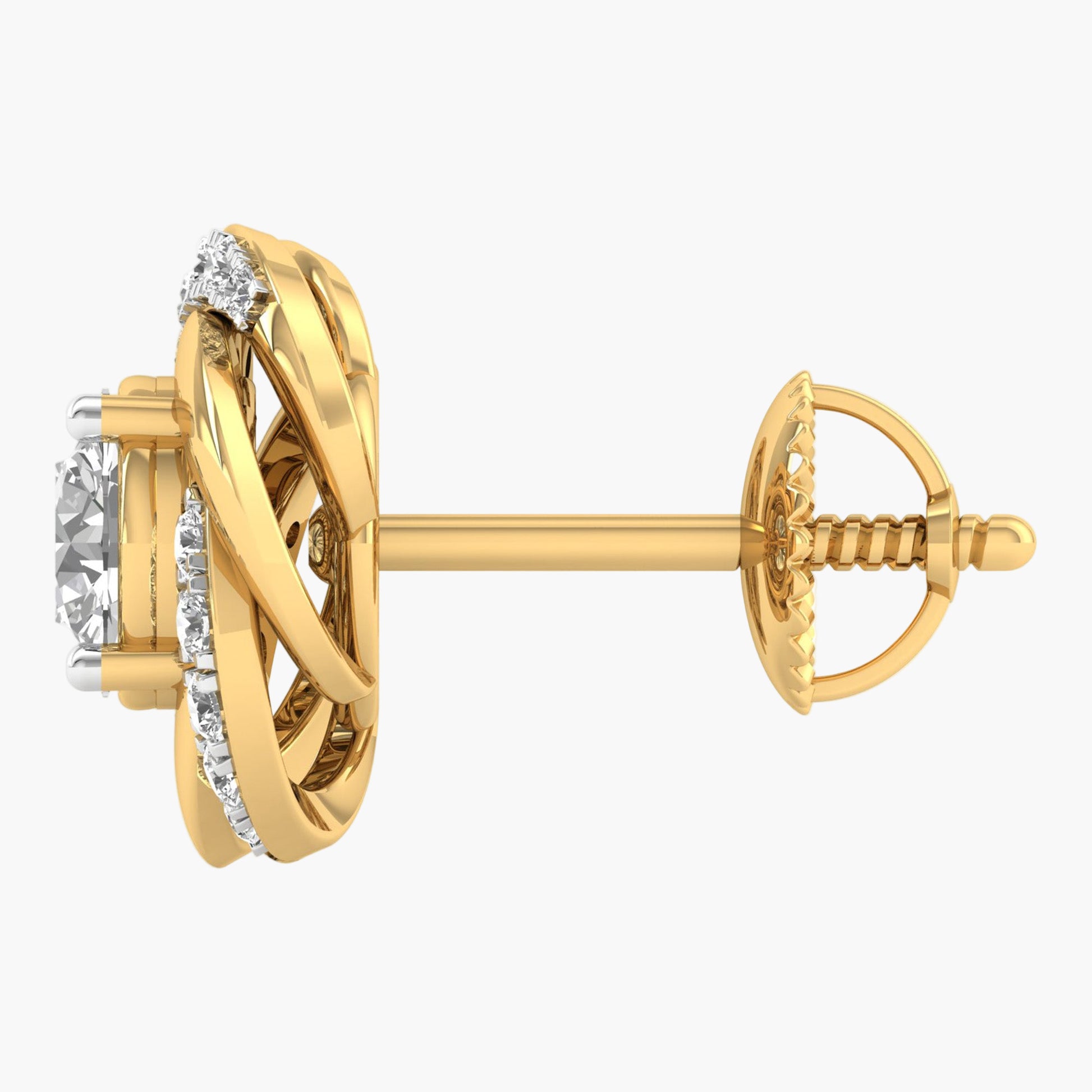 Gold earrings with diamond accents on a white background