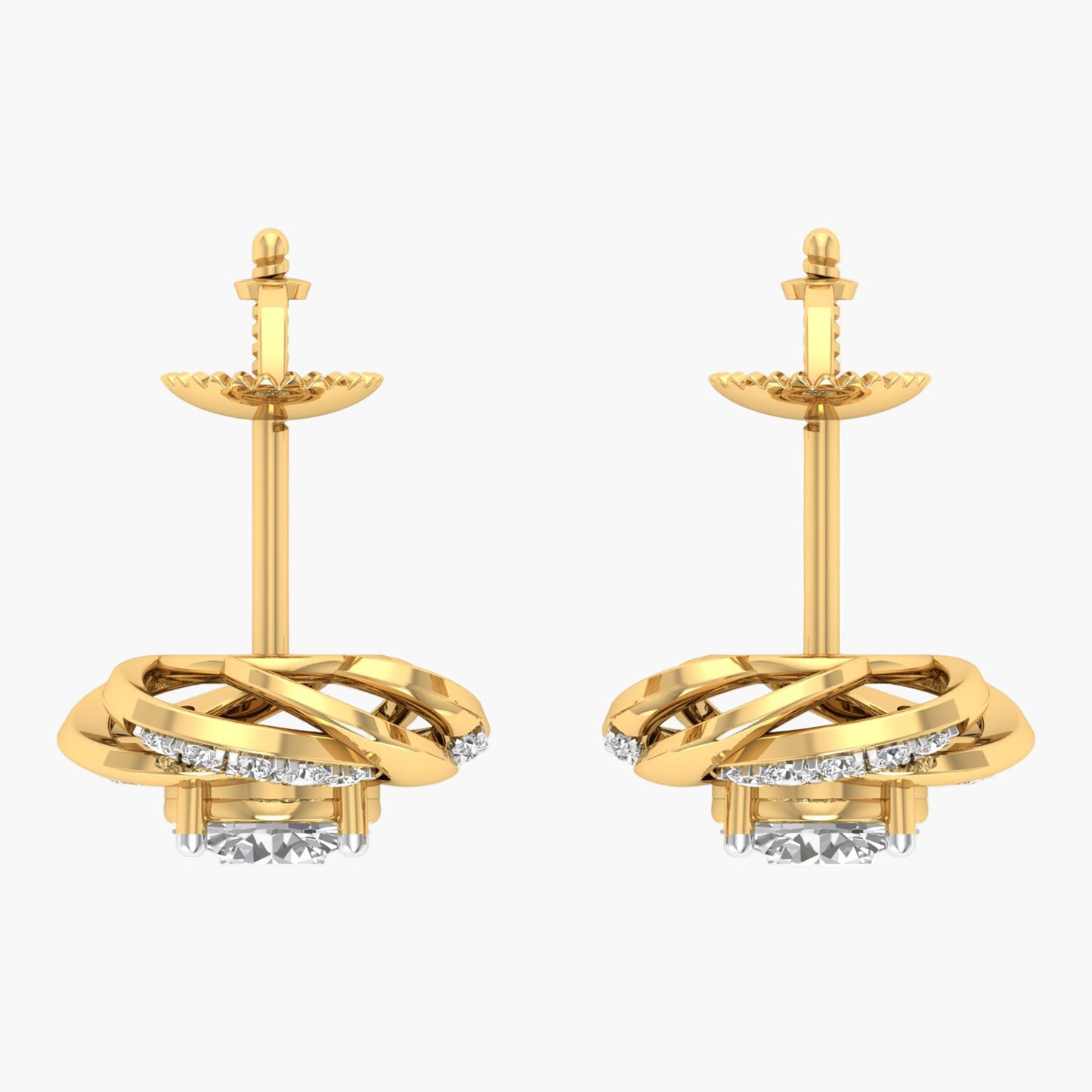 Gold earrings with diamond accents on a white background