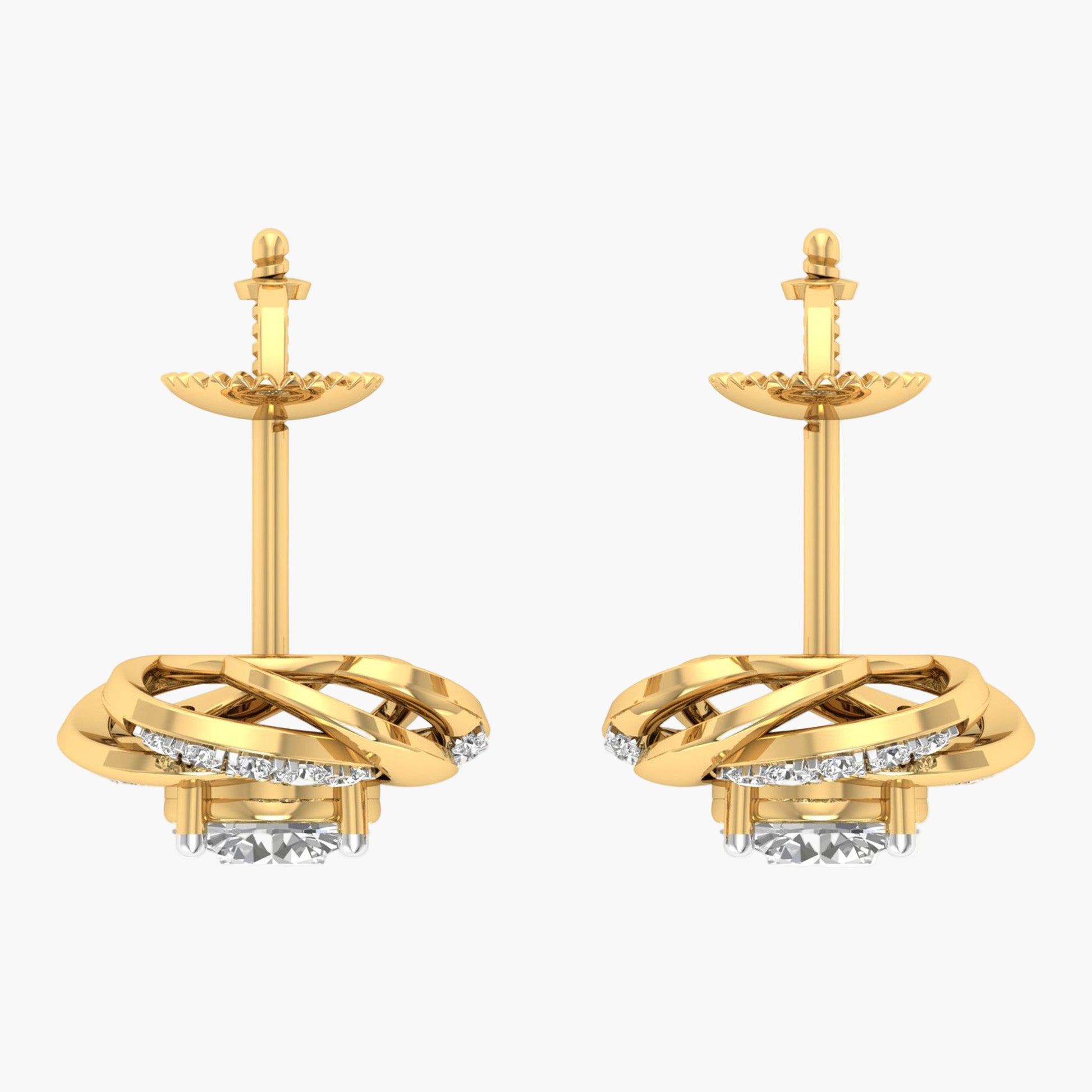 Gold earrings with diamond accents on a white background