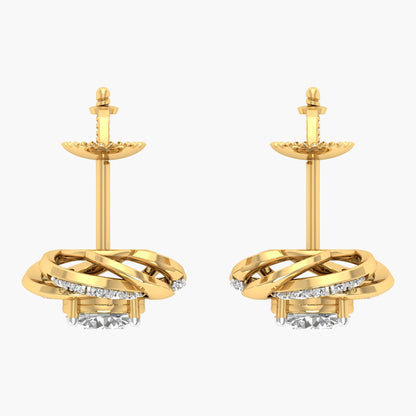 Gold earrings with diamond accents on a white background