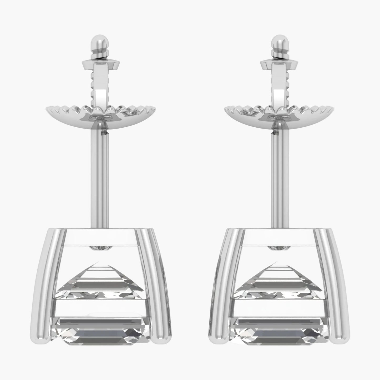 Pair of silver earrings with clear crystal elements on a white background
