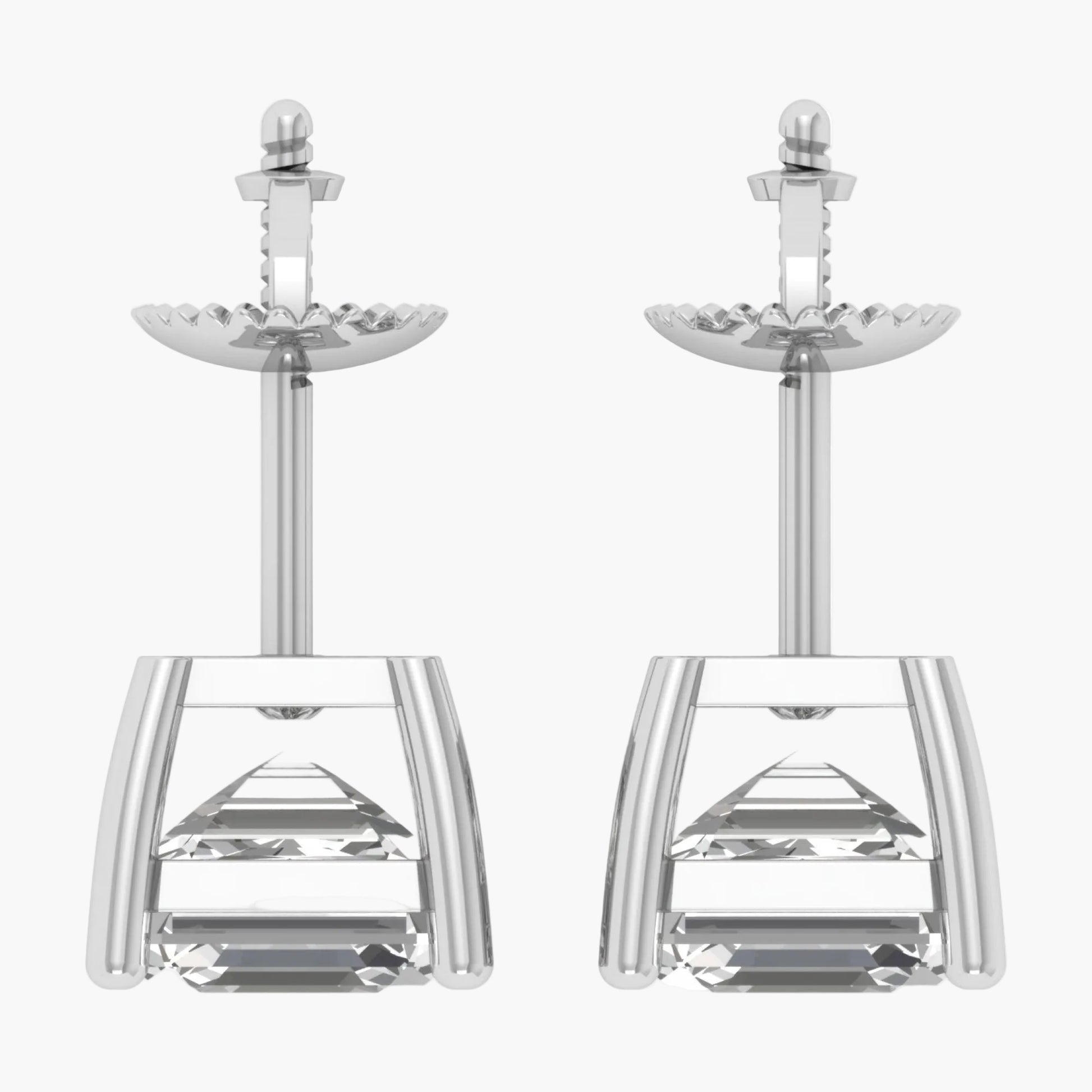 Pair of silver earrings with clear crystal elements on a white background