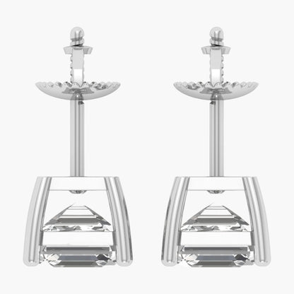 Pair of silver earrings with clear crystal elements on a white background