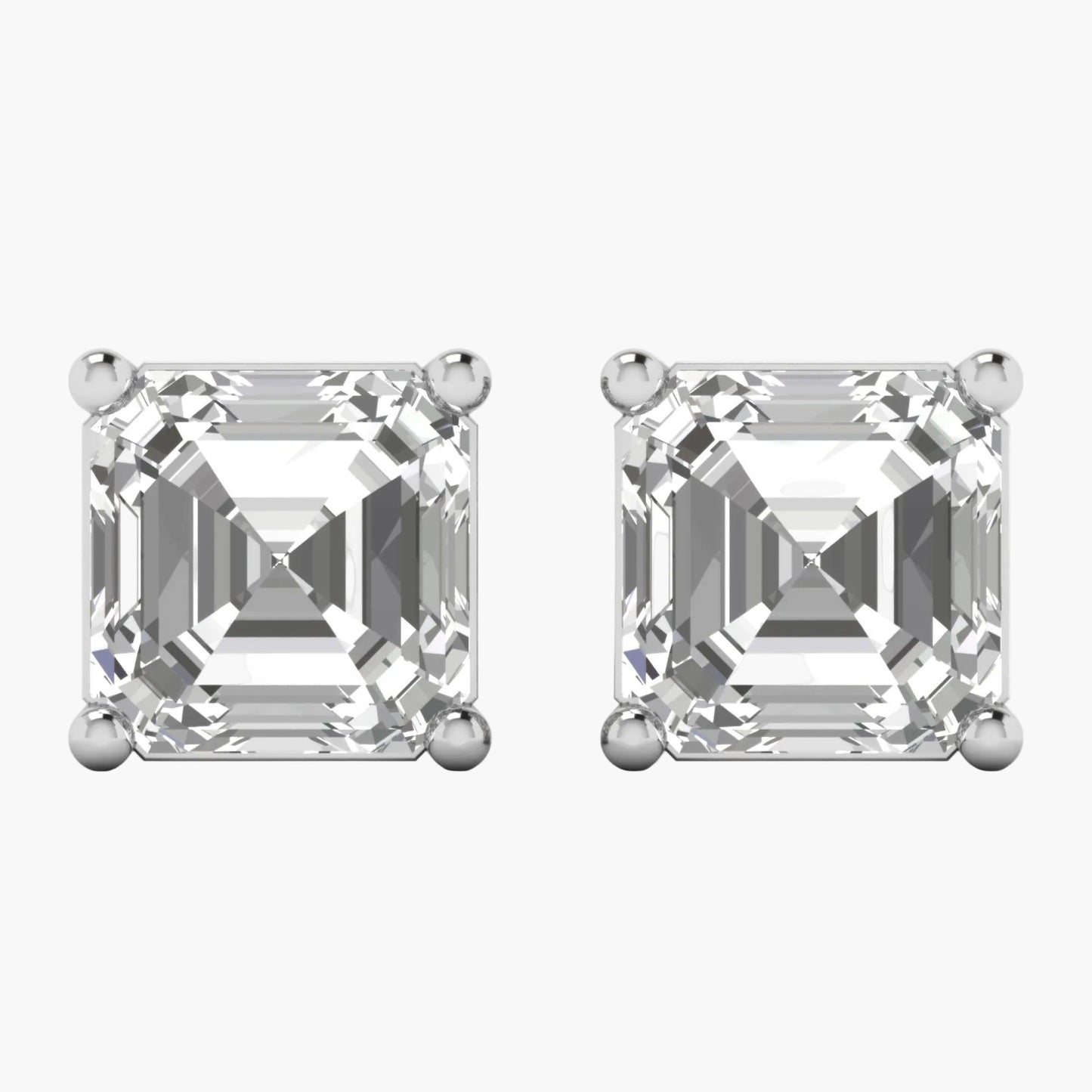 Asscher-cut diamond earrings on a white background