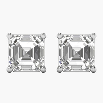 Asscher-cut diamond earrings on a white background