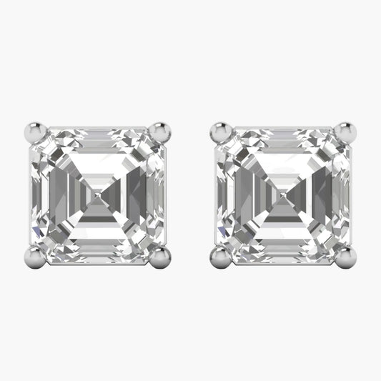 Asscher-cut diamond earrings on a white background