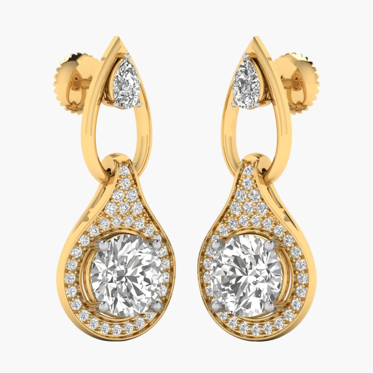 Gold earrings with large central gemstones and smaller diamonds on a white background