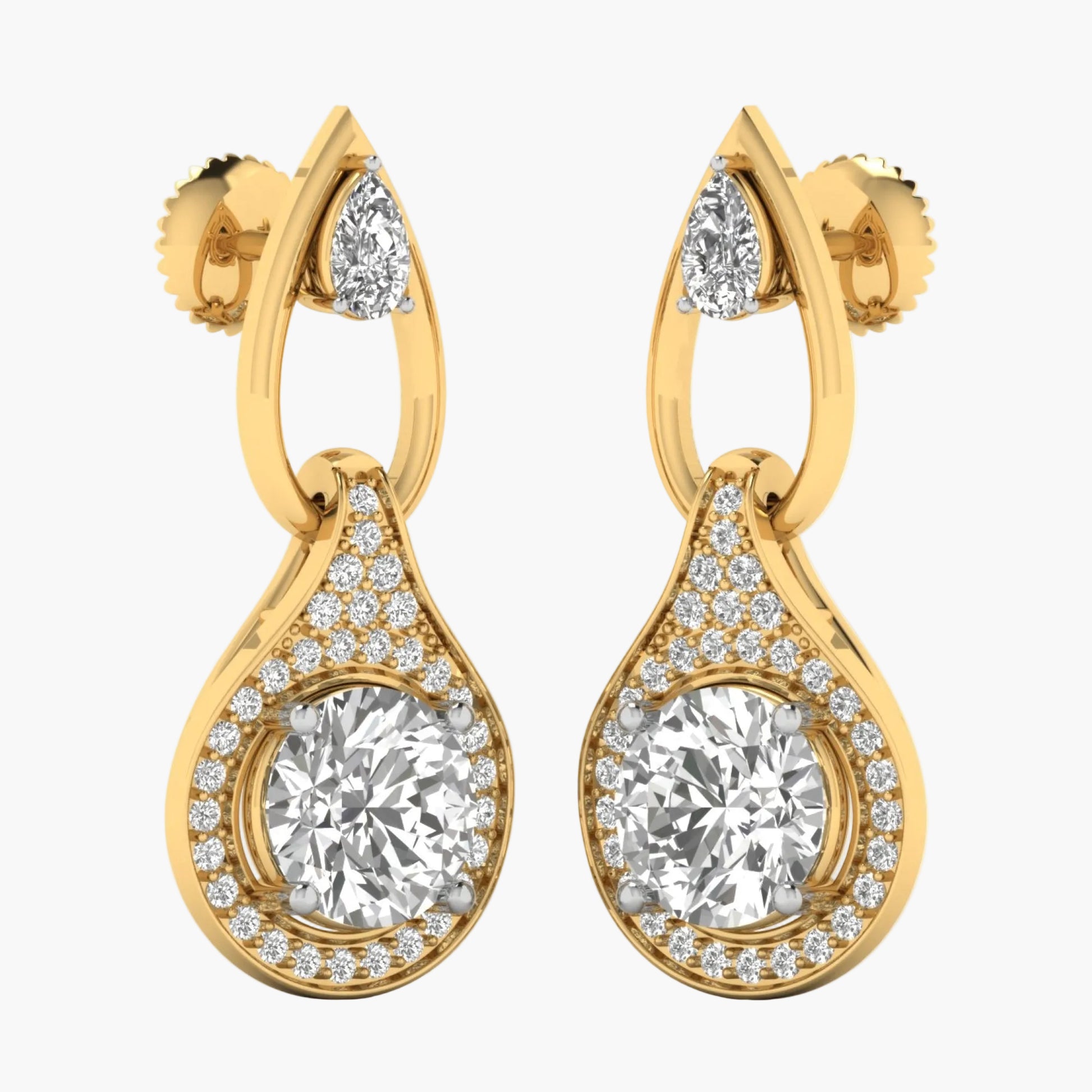 Gold earrings with large central gemstones and smaller diamonds on a white background