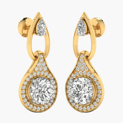 Gold earrings with large central gemstones and smaller diamonds on a white background
