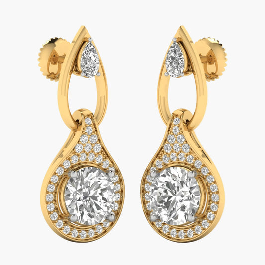 Gold earrings with large central gemstones and smaller diamonds on a white background