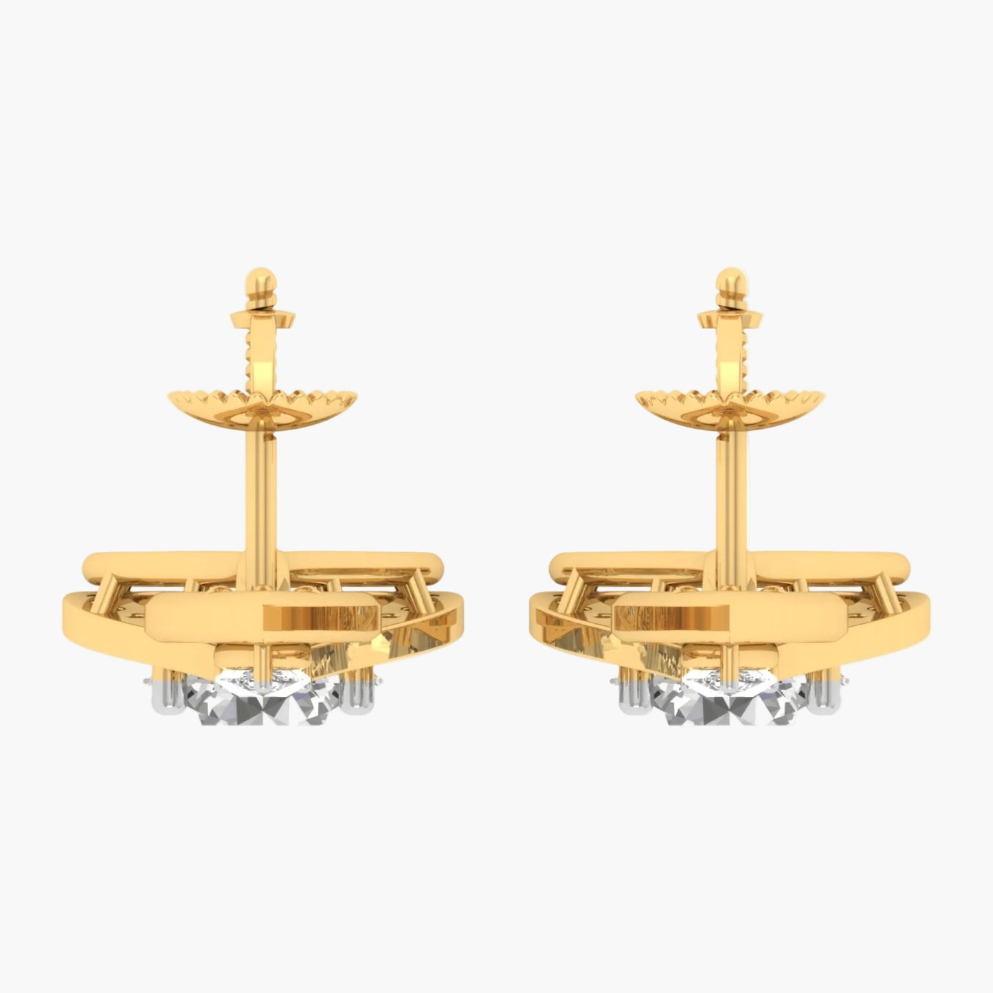 Pair of gold earrings with crystal elements on a white background