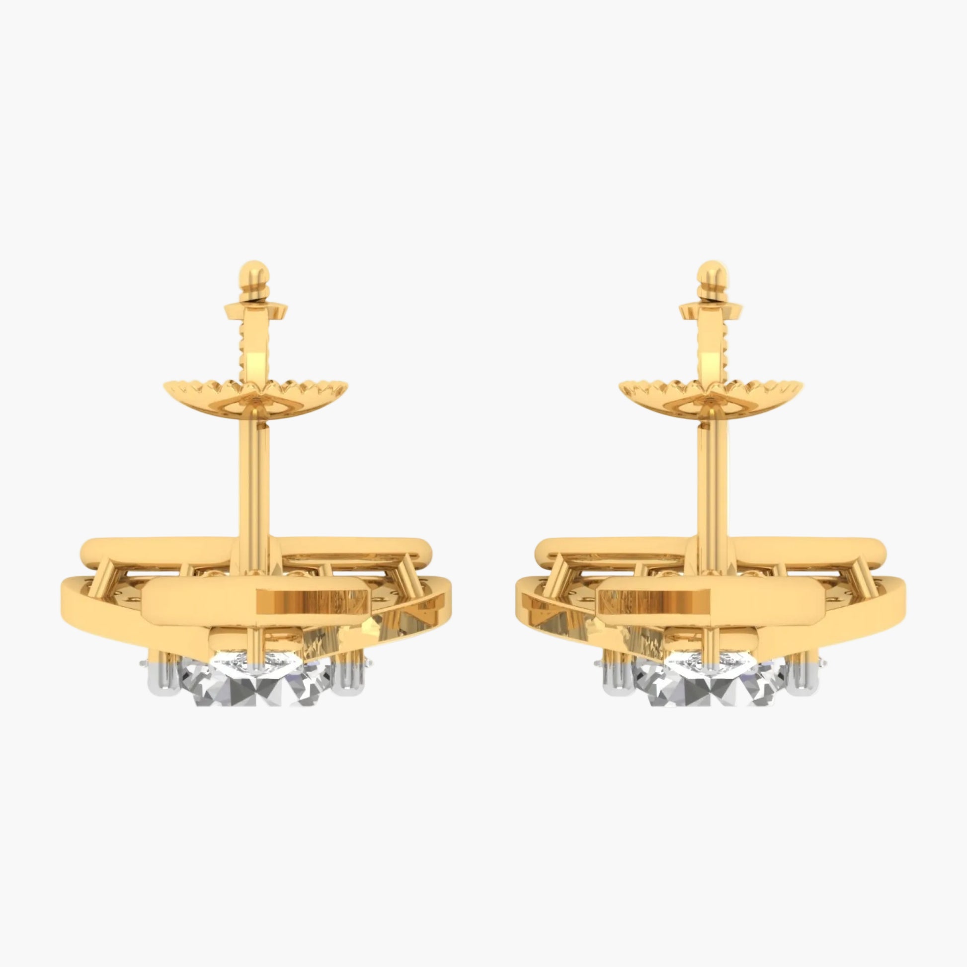 Pair of gold earrings with crystal elements on a white background