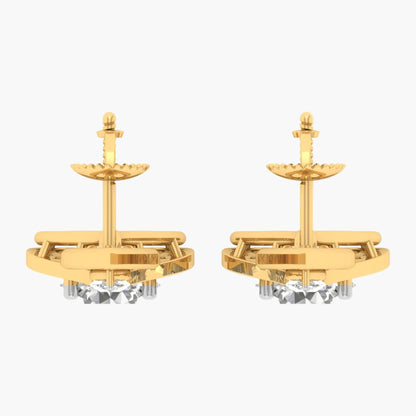 Pair of gold earrings with crystal elements on a white background