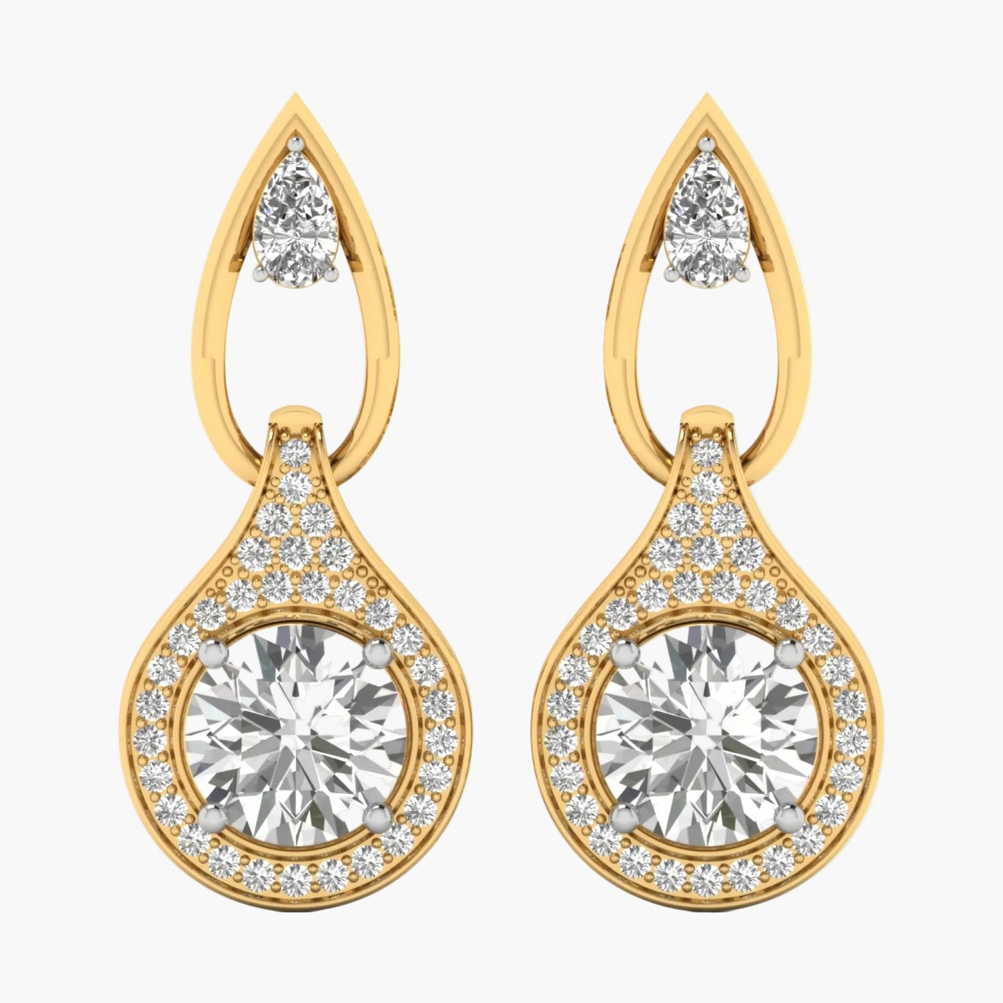 Gold earrings with clear gemstones on a white background
