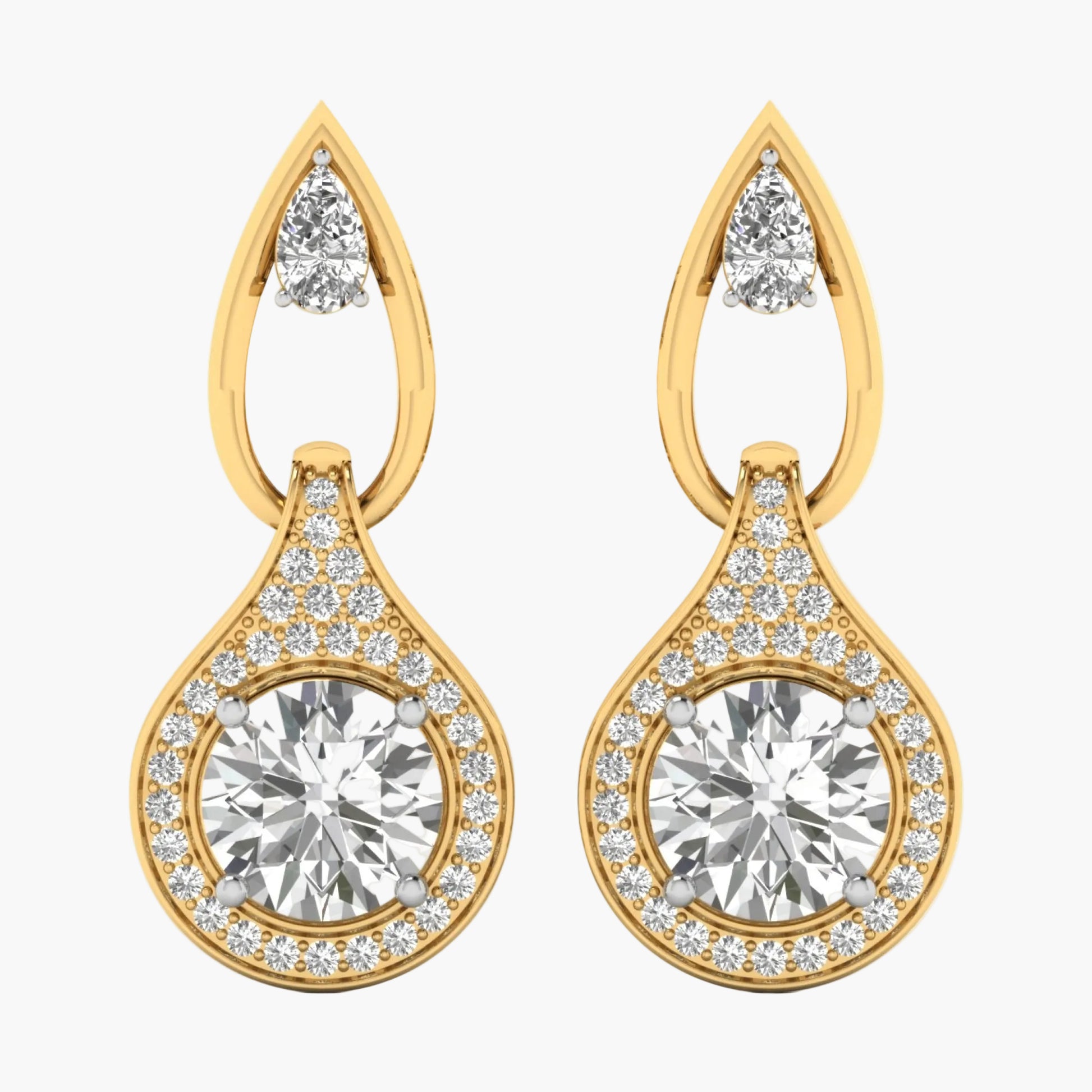 Gold earrings with clear gemstones on a white background
