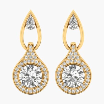 Gold earrings with clear gemstones on a white background