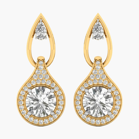 Gold earrings with clear gemstones on a white background