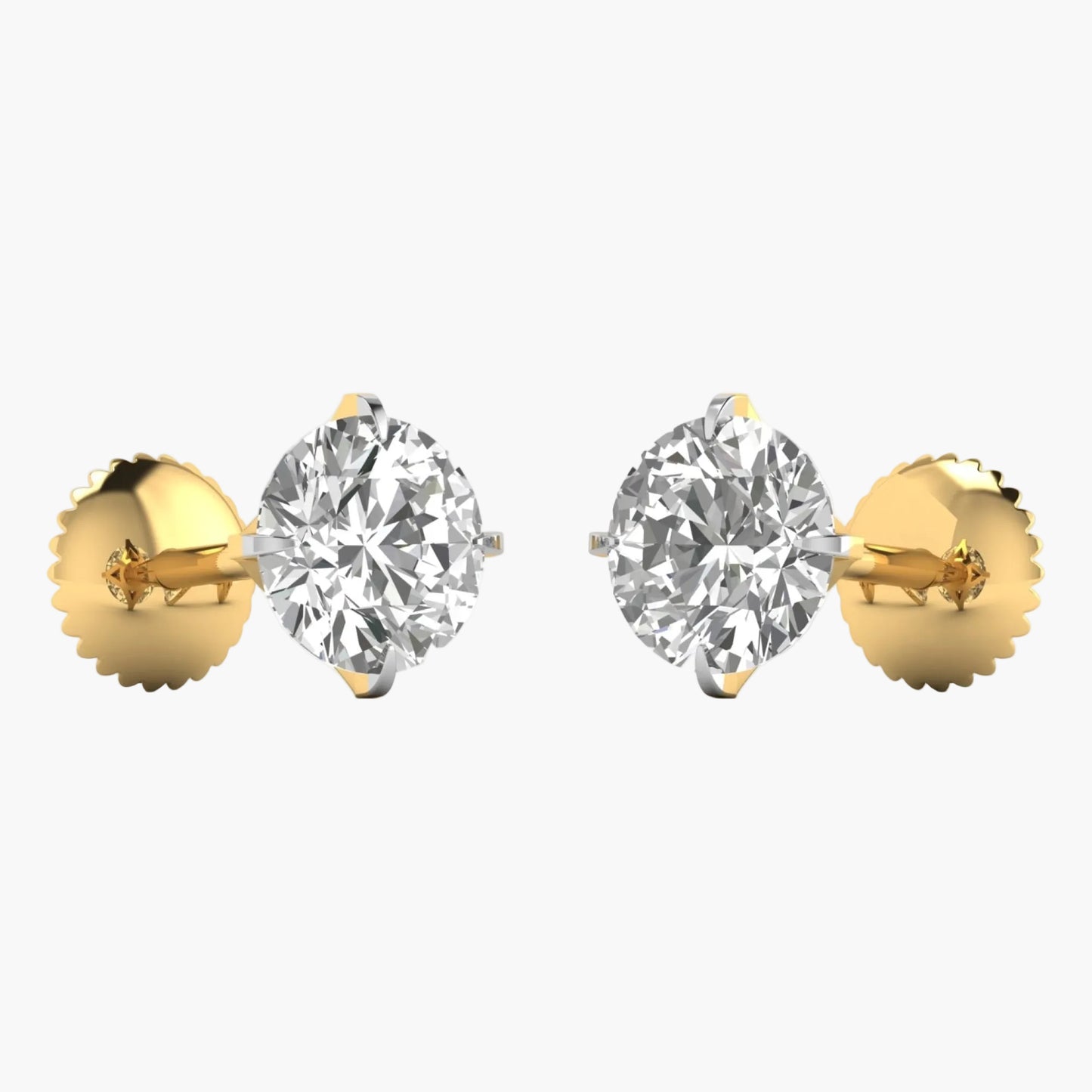 Pair of gold earrings with clear gemstones on a white background