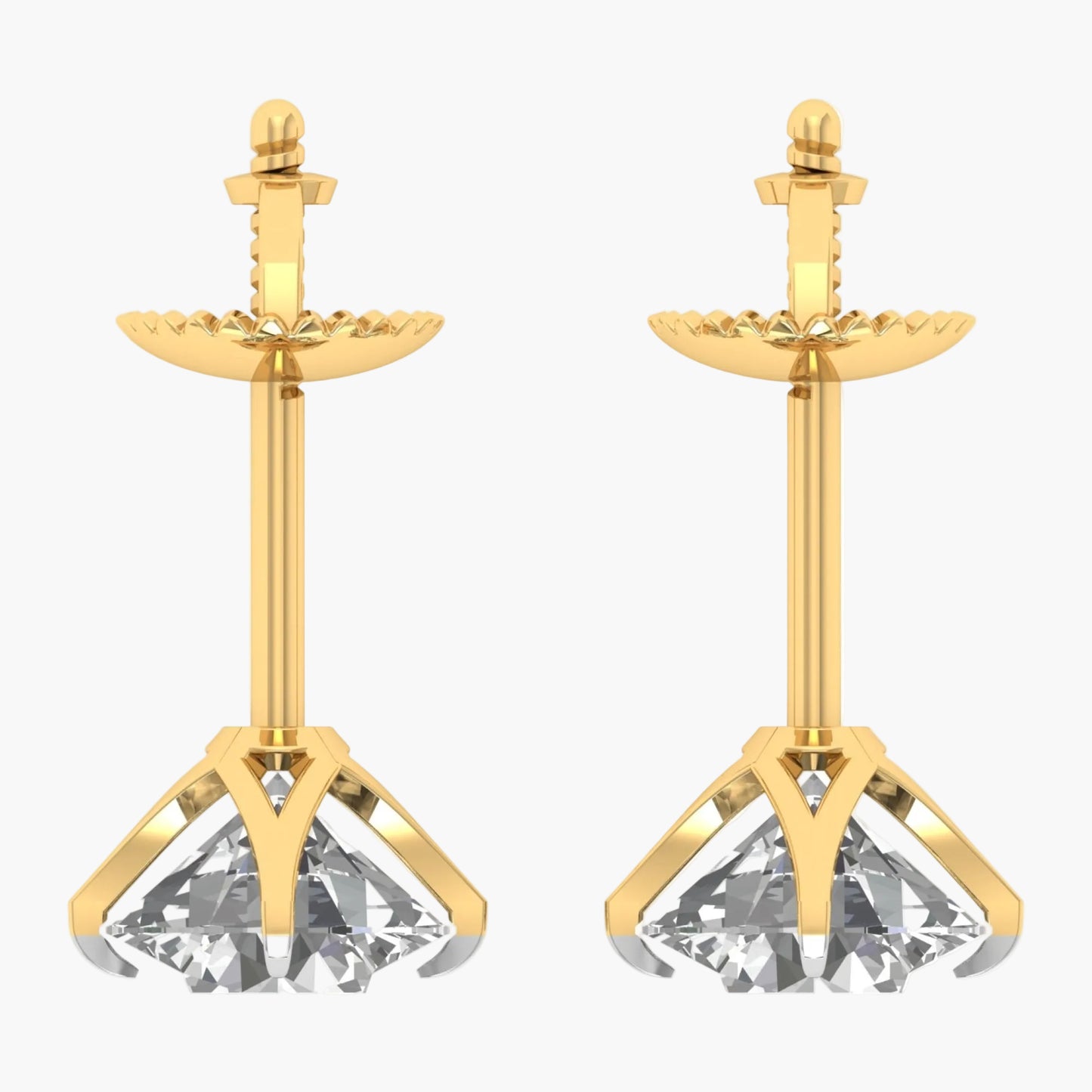 Gold earrings with clear gemstones on a white background