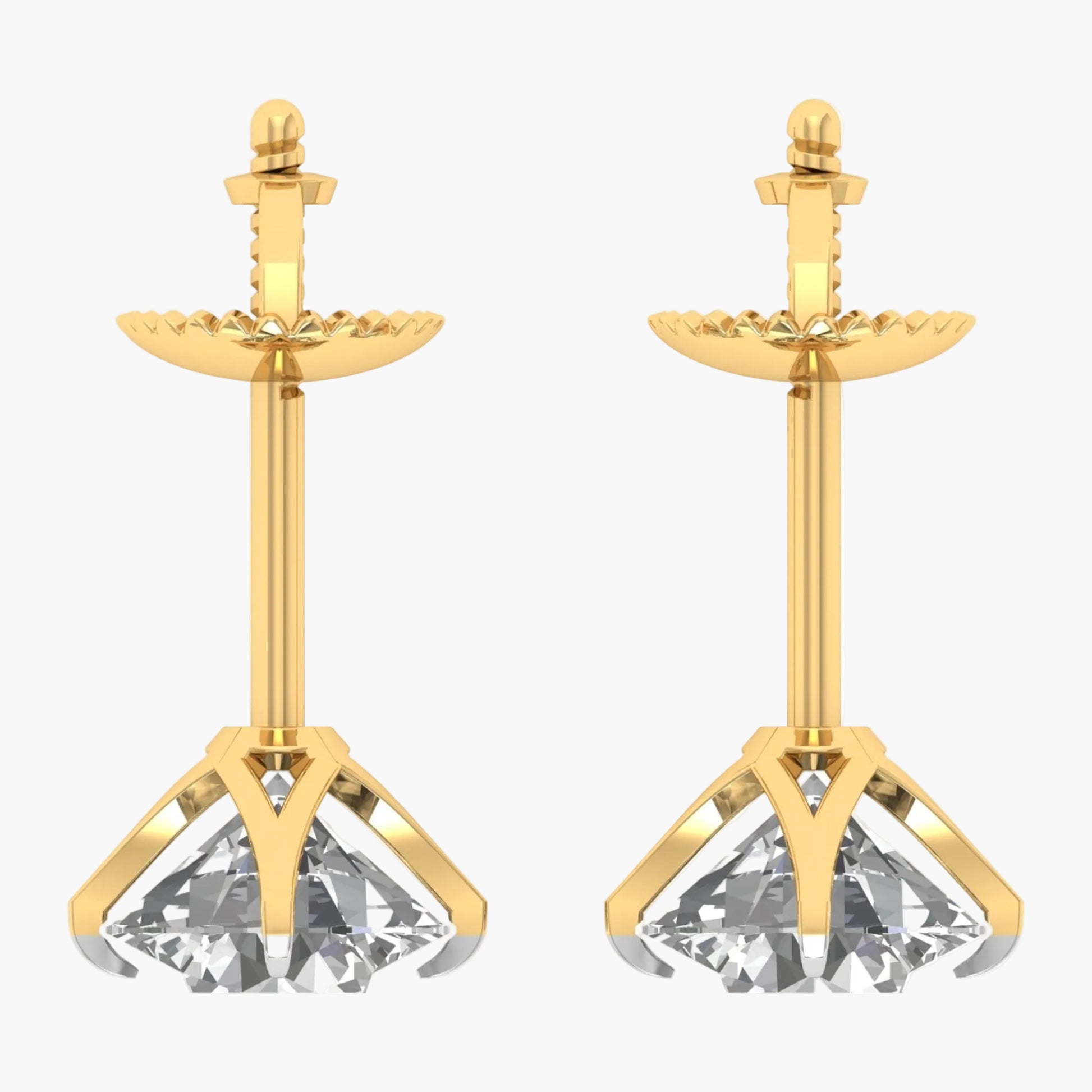 Gold earrings with clear gemstones on a white background