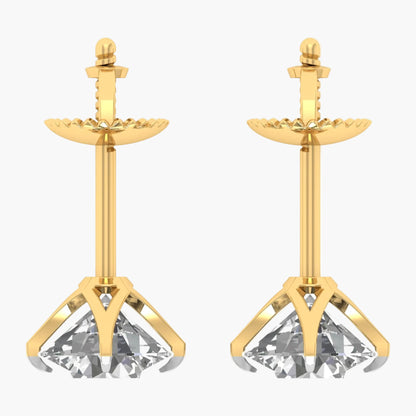 Gold earrings with clear gemstones on a white background
