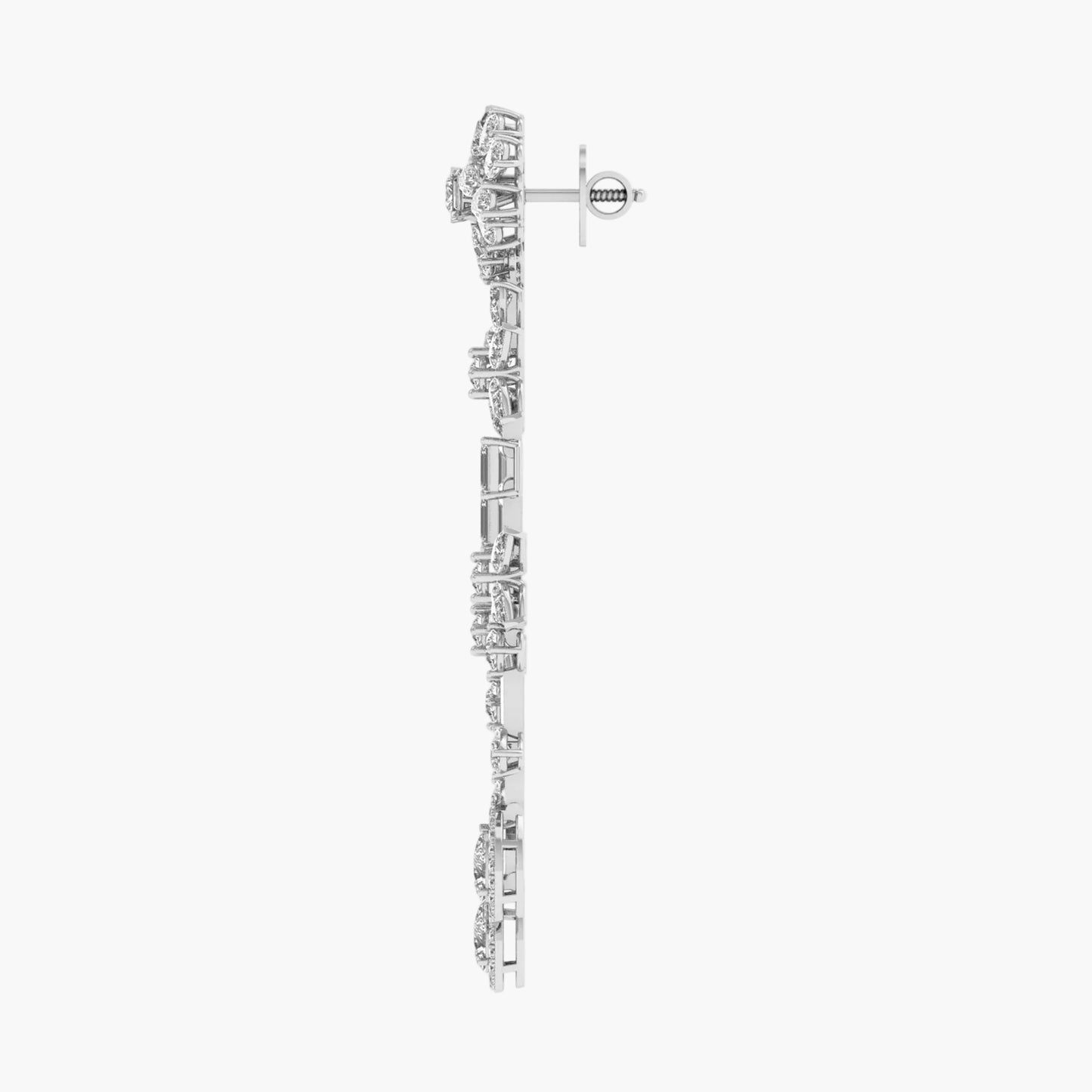 Silver earrings with clear gemstones on a white background