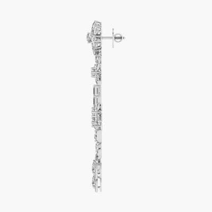 Silver earrings with clear gemstones on a white background