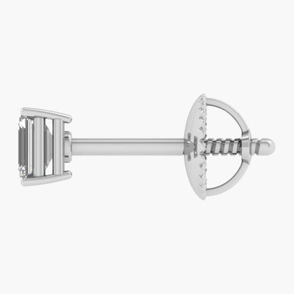 Silver earring with a clear gemstone on a white background