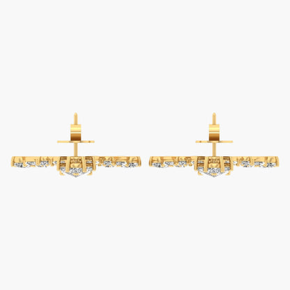 Gold earrings with embedded stones on a white background