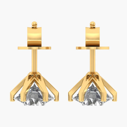 Gold earrings with clear gemstones on a white background