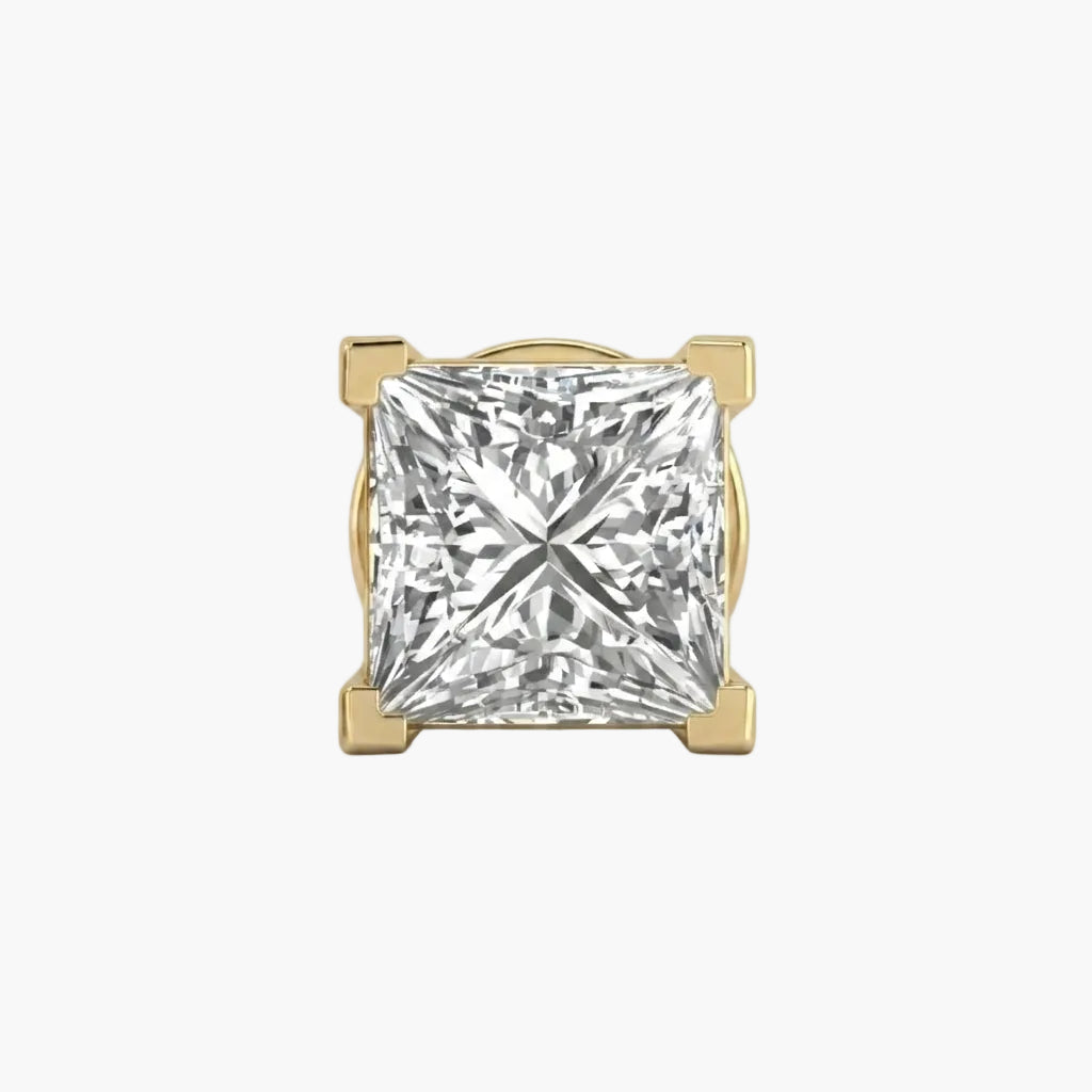 A princess-cut diamond stud earring set in yellow gold, shown against a clean white background.