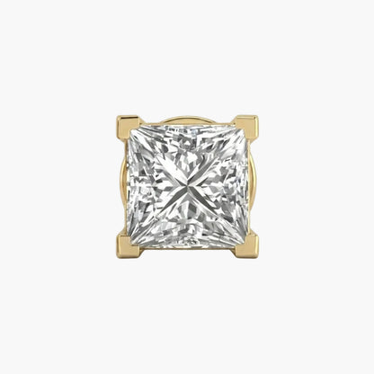 A princess-cut diamond stud earring set in yellow gold, shown against a clean white background.