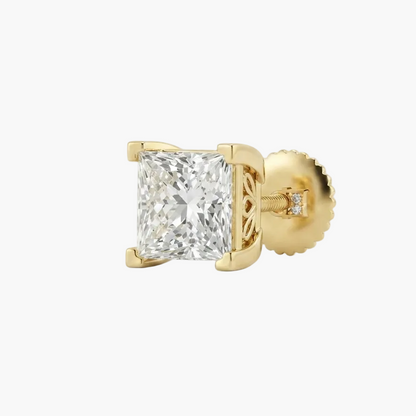 A single yellow gold stud earring featuring a large princess-cut diamond center stone, shown from a side profile against a clean white background.