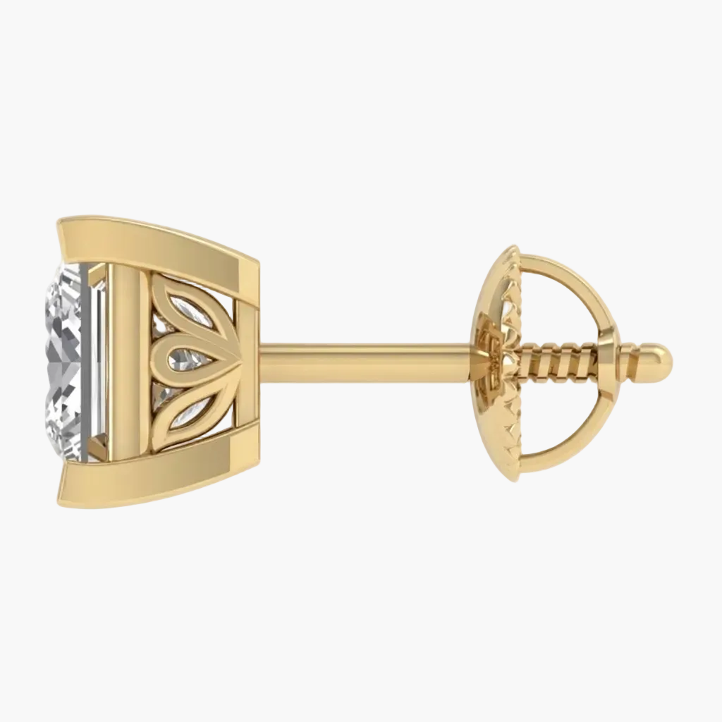 A single yellow gold stud earring with a round-cut clear gemstone in a decorative bezel setting, shown from the side on a plain white background.