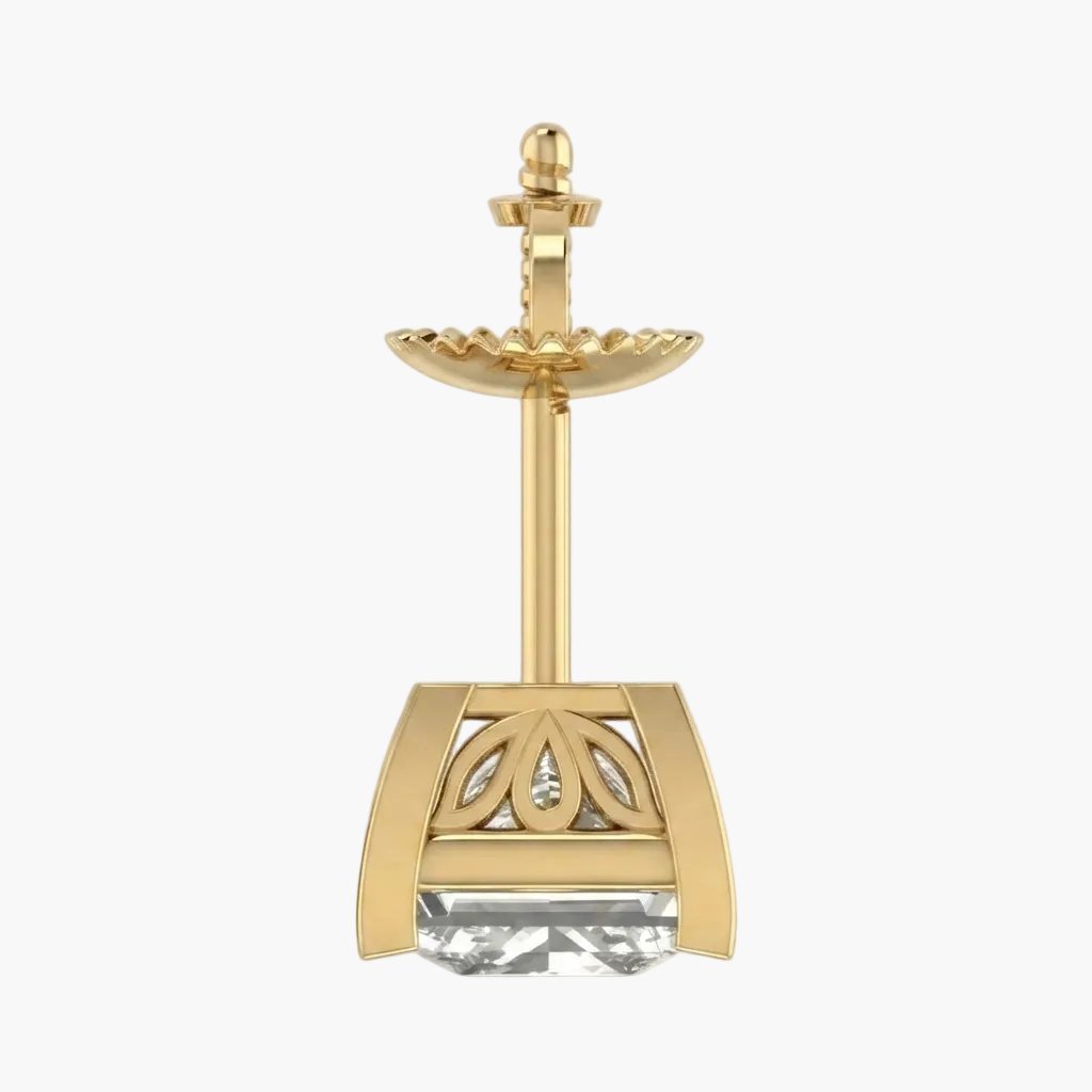 A single gold earring with a tiered floral top, a decorative openwork lower section, and a clear faceted crystal drop, shown on a plain light gray background.
