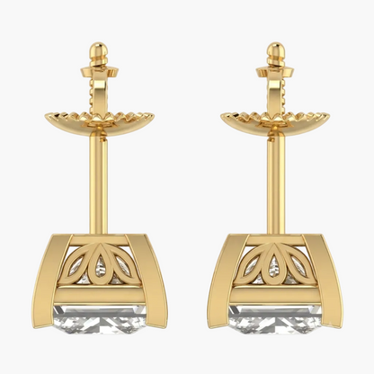 Gold earrings with intricate designs on a white background
