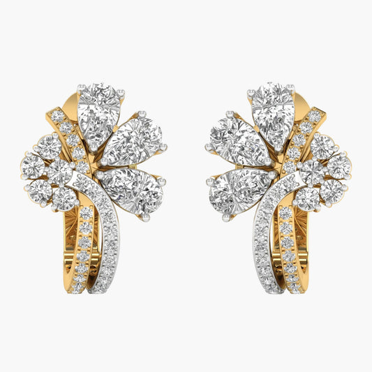 Pair of gold and diamond earrings on a white background