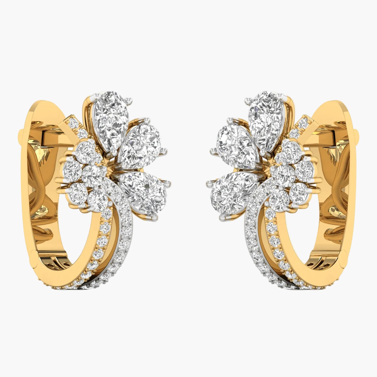 Gold hoop earrings with diamond accents on a white background