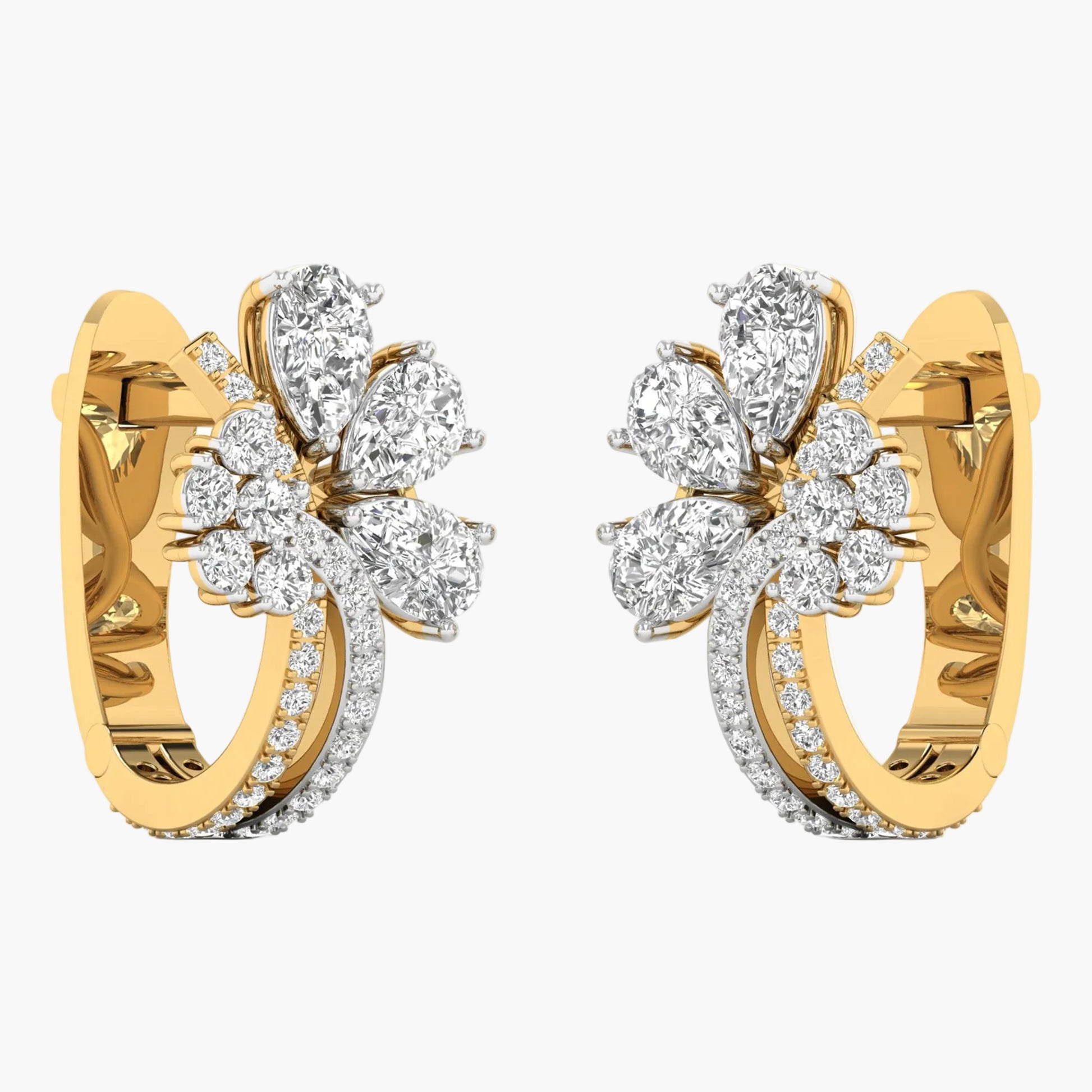 Gold hoop earrings with diamond accents on a white background